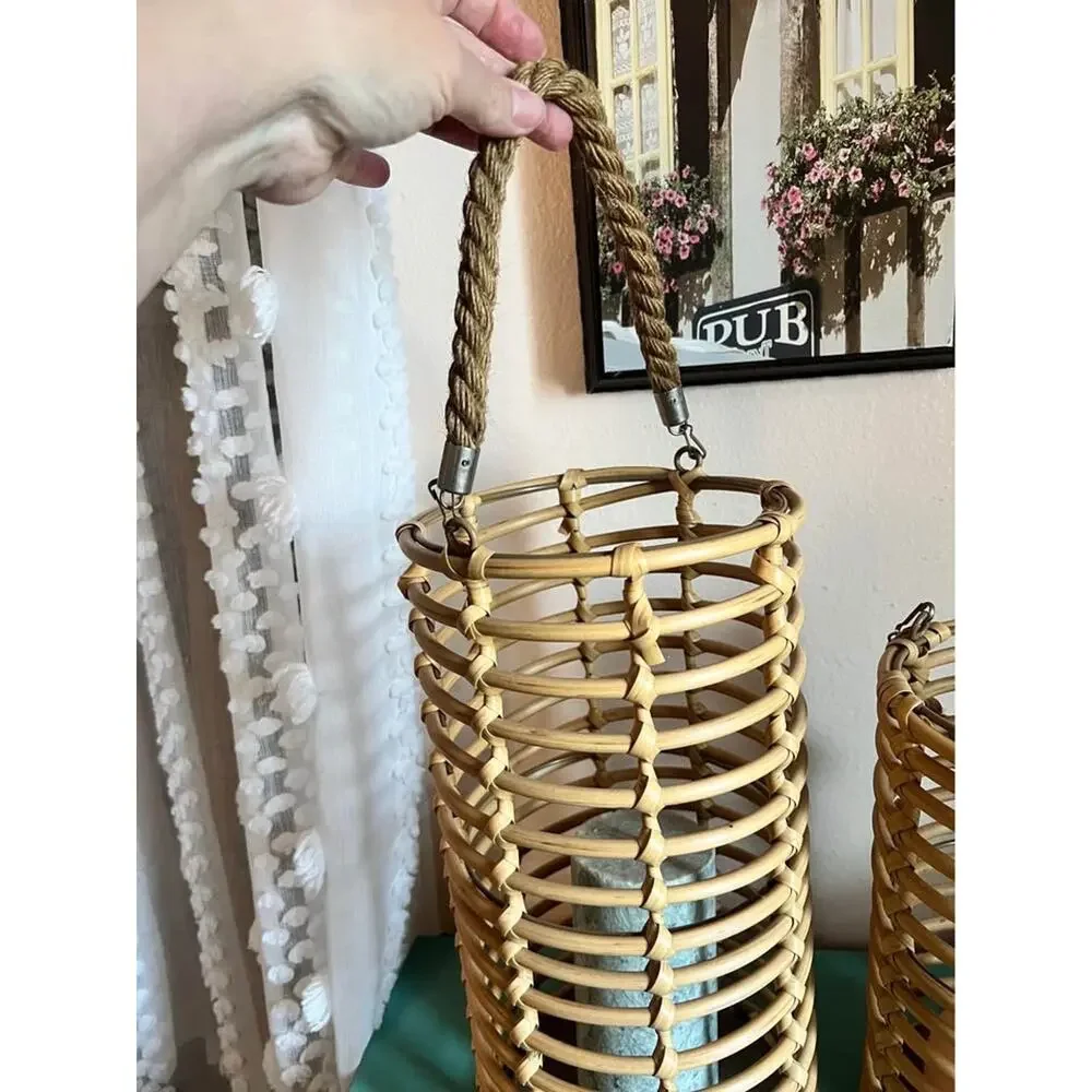 Set of 2 Coastal Woven Lantern Baskets / Candle Holders